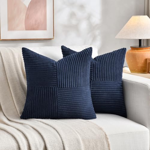 Fancy Homi 2 Packs Navy Blue Samll Decorative Throw Pillow Covers 12x12 Inch with for Couch Bed Sofa, Rustic Farmhouse Boho Home Decor, Soft Corss Patchwork Corduroy Square Cushion Case 30x30 cm - color: Navy Blue, size: 12" x 12" (Pack of 2)