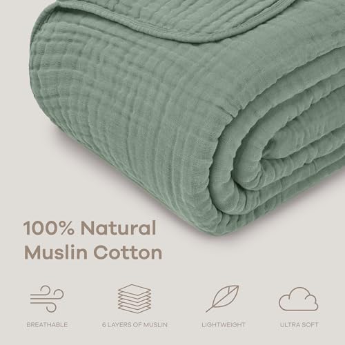 Comfy Cubs Muslin Throw Blanket - 50” x 60” Quilted Design - Lightweight, Breathable 6-Layer Gauze Fabric - Soft Cotton Blanket for Home or Travel - Packaged in Elegant Gift Box - Fern - color: Fern, size: Throw - 50" X 60"