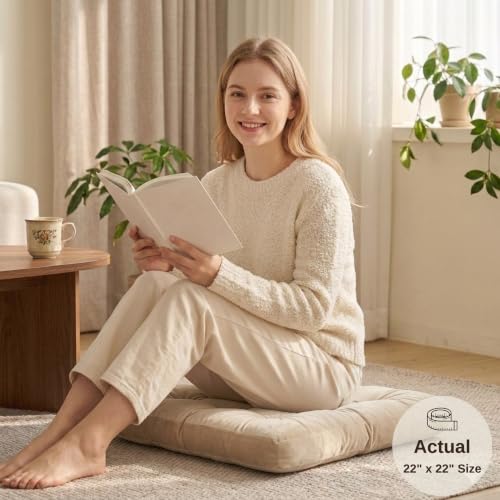 Floor Pillow for Adults, Soft Velvet Floor Cushion for Sitting, Single Square Tufted Floor Pillow for Reading Nook, Living Room, Bedroom, 22 x 22 Inch, Beige - color: Beige, size: 1pack