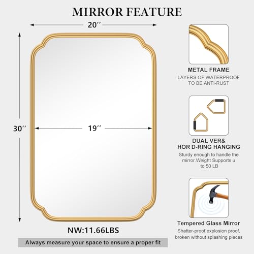 Ferytange Gold Bathroom Mirror for Wall 20" x 30" Modern Rounded Corner Rectangle Mirror with Non-Rusting Iron Metal Framed Bathroom Vanity Mirror for Over Sink Wall Decor(Horizontal/Vertical) - color: Gold, size: 30"L x 20"W