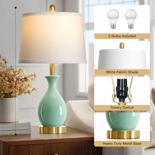 24″ Sage Green Ceramic Table Lamps Set of 2, Modern Classic Bedside Lamps for Bedroom Nightstand, Small Table Lamp for Living Room Side Table (2 LED Bulbs Included) - color: Sage Green - 24"H