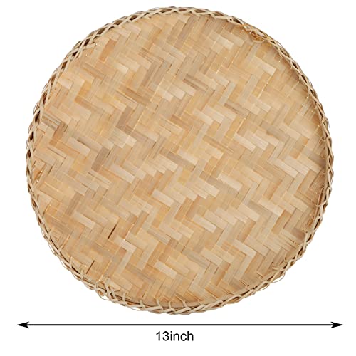 3 Pieces Handmade Bamboo Woven Basket Tray, 13 Inch Round Flat Wicker Baskets, Shallow Food Storage Serving Trays Decorative Wall Hanging Baskets for Breakfast, Fruit, Snacks (Beige)