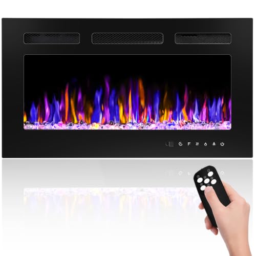 BETELNUT 30" Electric Fireplace Wall Mounted and Recessed with Remote Control, 750/1500W Ultra-Thin Wall Fireplace Heater W/Timer Adjustable Flame Color and Brightness, Log Set & Crystal Options - size: 30 Inch