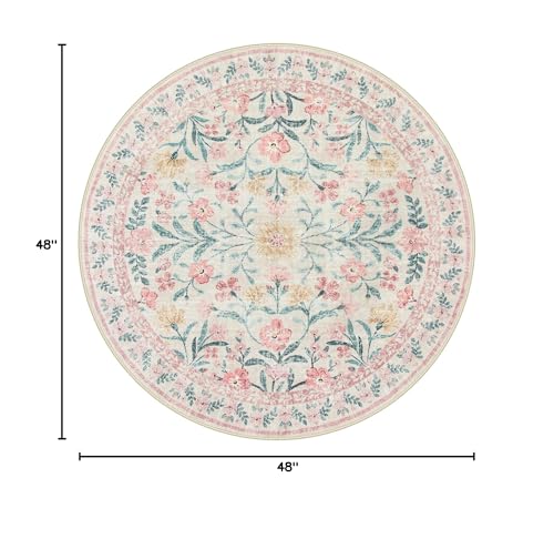 Lahome Sylvie Boho Light Pink Round Rug 4ft, Washable Small Circle Rugs for Bedroom Kids, Pink and Green Nursery Circular Carpet Girl Decor, Soft Non-Slip Round Carpet for Sunroom, Blush - color: Blush Pink, size: 4' (Round)