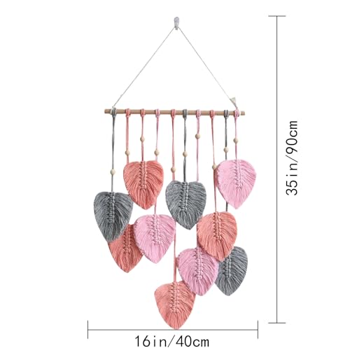 LB Macrame Wall Hanging Decor, Boho Chic Feather Wall Decor Macrame Photo Wall Hanging Handmade Yarn Woven Wall Art Pink Leaf Tapestry for Bedroom Living Room Nursery Office Backdrop, 16x35 Inch - color: Pink