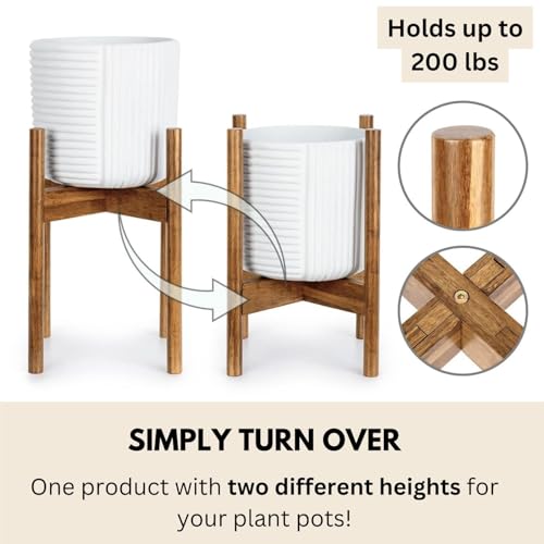 Fox & Fern Large Adjustable Plant Stand Indoor — 11 to 15 Inch Mid Century Bamboo Plant Stand - Plug In Design - Easy to Assemble - Two Heights - For 11, 12, 13, 14 & 15 Inch Pots (Not Included) - color: Polished Bamboo, size: 11 - 15 Inch - Adjustable