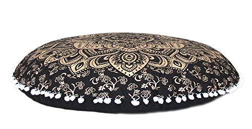 32" Gold Mandala Barmeri Large Floor Pillow Cover Cushion Meditation Seating Ottoman Throw Cover Hippie Decorative Zipped Bohemian Pouf Ottoman Poufs, Pom Pom Pillow Cases (BLACK Gold, 32 inch Round) - color: Purple Gold, size: 32" Round