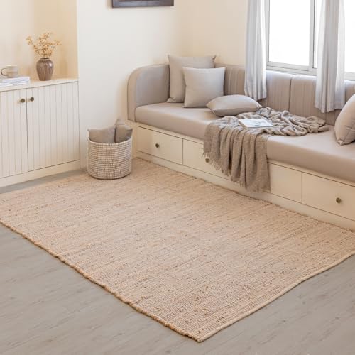 HOMEMONDE Hand Woven Jute Cotton Area Rug 5' x 8' ft Rectangle Natural Farmhouse Rug - Rustic Vintage Bohemian Rug for Living Room, Bedroom, Dining Room - color: Natural Jute, size: 5' x 8' (Rectangular)