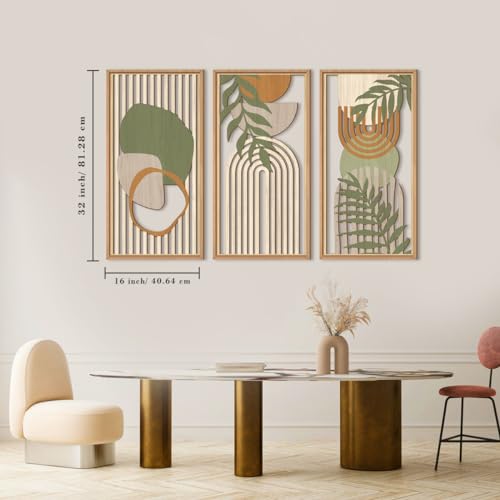 IARTTOP Large Boho Mid-century Modern Wood Wall Art 16x32 Inch Framed Green Abstract Leaf Wooden Wall Decor Bohemian Minimalist Geometric Wall Art Decor for Bedroom Living Room Office Set of 3 - color: Green Framed Boho, size: 16 x 32 inches