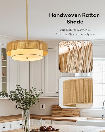 VONLUCE 17.7" Boho Rattan Chandelier, 4-Light Drum Chandelier with 2-Tier Woven Rattan Ceiling Light for Dining Room Bedroom Living Room with E26 Sockets, Gold Finish, ETL Certified - color: Gold, size: 18inch