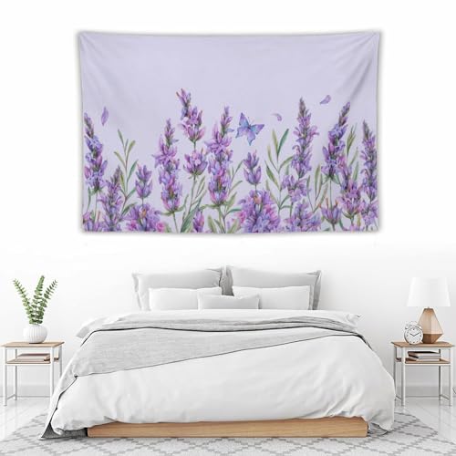 HZOHNAGO Lavender Flower Tapestry Watercolor Purple Floral Butterfly Pattern Printed Wall Tapestry Wall Hanging for Bedroom Living Room Dorm 90" W x 60" H - color: Lavender-10, size: 90"L x 60"W