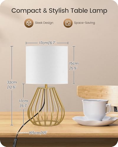 Gold Table Lamp, Small Gold Bedside Lamp with Metal Base & White Linen Lampshade, Modern Nightstand Lamp, Little Cute Desk Lamp for Bedroom, Living Room, 2700K LED Bulb Included, DCW06TL05 - color: White + Gold