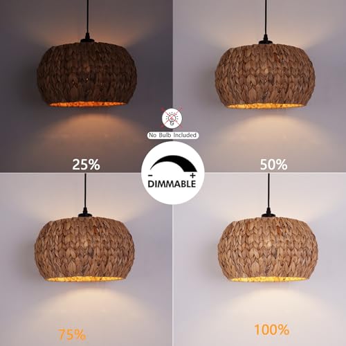 HuisMier Rattan Plug in Pendant Light Boho Hanging Lights with 15 Ft Plug in Cord & Dimmable Switch, Hand Woven Lampshade Boho Hanging Lamp for Kitchen Island Dining Room Bedroom - color: Brown Drum