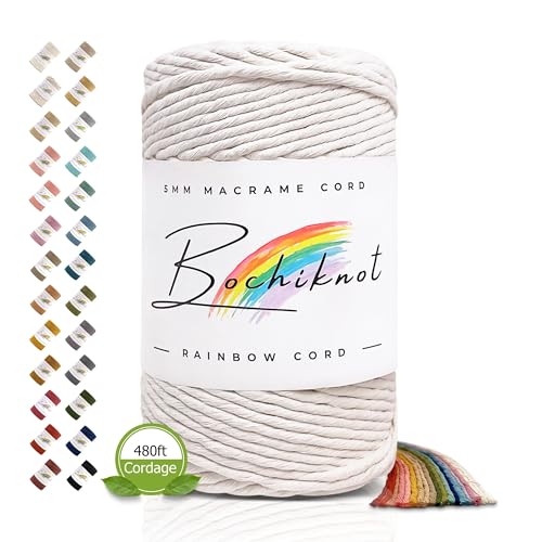 BOCHIKNOT Single Strand Macrame Cord 5mm x 160yds (150m) – Soft Cotton Macrame Rope for Beginners, Easy to Knot for Wall Hangings, Plant Hangers, Fringe and DIY Crafts (Milk) - color: Milk, size: (5mm x 146m) - Single Strand Twist