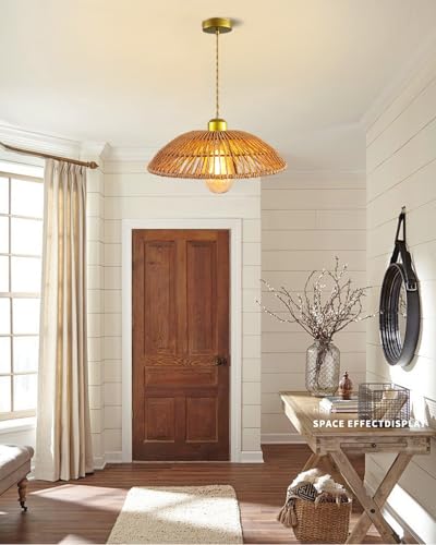 Boho Rattan Pendant Light, 12 Inch Hand Woven Rustic Chandelier, Farmhouse Hanging Ceiling Light Lamp Wicker Chandelier for Dining Room Kitchen Island Living Room - color: 11.81″-Semicircle