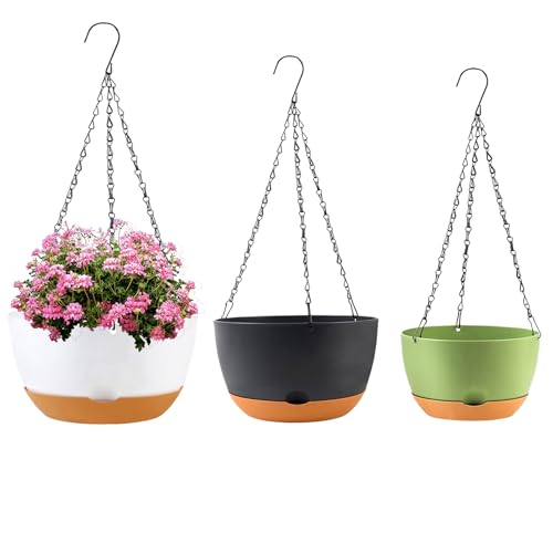 KPUVX 8/10/12 inch Hanging Planters for Indoor Outdoor Plants with Self-Watering Pots, 3 Pack Plastic Hanging Basket with Removable Tray for Home Garden Porch Balcony Patio Decor(White+Black+Green) - color: Multicolor, size: 8/10/12 inch