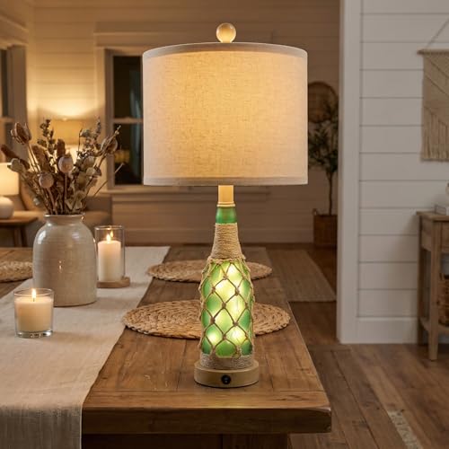 OYEARS 23'' Boho Table Lamps with Night Light for Living Room, Bedside Lamps Set of 2 with A+C Charging Ports for Bedroom, Farmhouse USB Lamps for Nightstand Console, Glass Bottle Rope Base, Green - color: Green