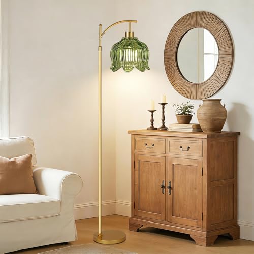 QIYIZM Glass Floor Lamp for Living Room,Bedroom,Gold Dimmable Standing Lamp with Remote,Mid Century Modern Brass Tall Lamp Boho Vintage Floor Lamps Arc Green Tulip Flower Floor Light Lamp Bohemian - size: 29-Floor Lamp