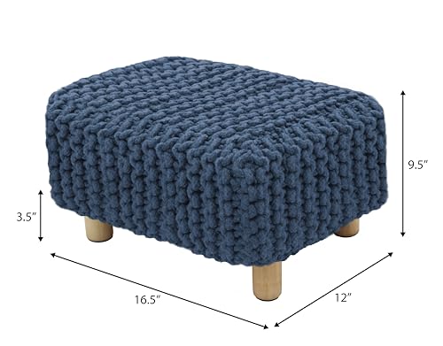 COTTON CRAFT Braided Footrest - Handknitted Dori Foot Stool with Sturdy Wood Legs – Handmade Boho Leg Rest - Small Spaces Under Desk Living Room Entryway Low Footstool Pouf - 16.5x12x9.5 - Blue - color: Cotton - Blue