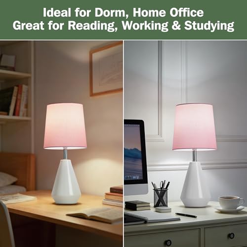 Small Bedside Table Lamp for Bedroom - Reading Desk Lamp with 3 Color Temperatures，15.5" Nightstand Ceramic Lamp with Fabric Shade for Kids Room,Living Room,Dorm,Home Office (White+Pink - color: White+Pink, size: 15.5"