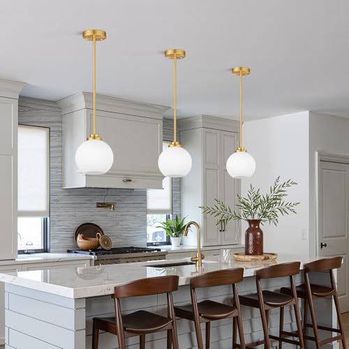 1 Pack Gold Globe Pendant Lights, Mid Century Gold Pendant Light Fixtures, Globe Pendant Lights Kitchen Island with Milk Glass Shade Adjustable Hanging Fixture for Dining Room (Bulbs not Included) - color: Brushed Gold + Clear Glass 1 Pack