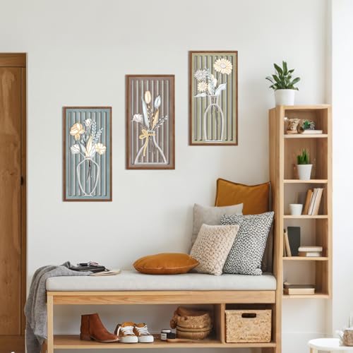 BINCUE 3 Pcs Boho Flower Wall Decor,Modern Floral Wall Art Botanical,Bohemian Floral Hanging Decor Abstract Minimalist Wildflower Wooden Art for Living Room Bedroom Office 7.9 x15.8 Inch - color: Colourful Flower A