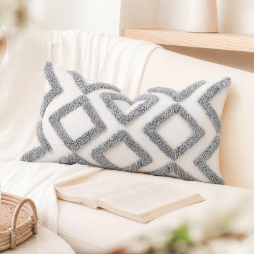 NUYECY Diamond Pattern Long Pillow Covers 12 x 24,Plush Chenille Decorative Long Lumbar Pillow Case Pillow Covers Cushion Case for Sofa Couch Bed Livingroom Farmhouse,Modern Boho,Grey - color: Grey, size: 24" x 12" (Pack of 1)