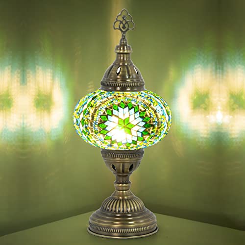 Turkish Mosaic Table Lamp with Bulb – Light Green Handmade Stained Glass Bedside Light, Authentic Turkish Boho Vintage Home Decor with E12 Socket - color: Light Green