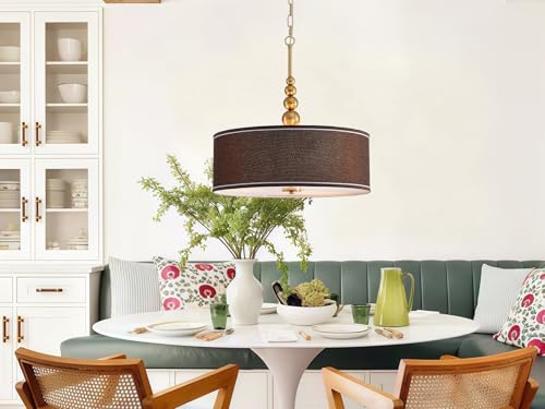 Shrine Lighting Drum Chandeliers, Farmhouse Style, Perfect Drum Pendant Light for Dining Room, D20'' x H7'', Adjustable Chains 59'', E26*3 Sockets, Brown Linen Fabric Lampshade & Gold Rod - color: Brown&Gold D20''