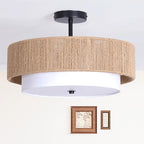 Bohemian Semi Flush Mount Ceiling Light - 18 Inch Handmade Hemp Rope Shade (Fabric Lining), Farmhouse Pendant, E26 Base, Max 60W (Bulbs Excluded), for Dining, Living, Bedroom, Kitchen - color: 18'' Hemp rope&Fabric Gold