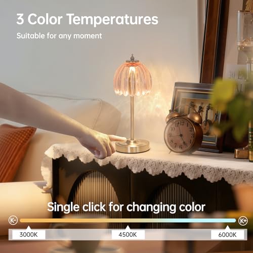 Shenmoyl Tulip Table Lamp with 5200mAh Battery & Touch Control, Cordless Small Table Lamp with 3 Colors, Dimmable Rechargeable Table Lamps for Living Room, Bedroom, Desk, Bedside (Clear Pink Tulip) - color: Clear Pink, size: 1 Pack