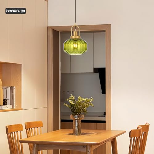 9in Mid Century Modern Pendant Light, Gold and Small Green Glass | Vintage Lighting Fixture Ceiling Hanging Lamp for Kitchen Island Foyer Dining Room Bedroom Entryway Hallway Over Sink Table - color: Green & Gold Hardwire, size: 9in