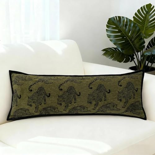 Mantle & Mason Leopard Lumbar Pillow Decorative 14x36 Inch Long Pillow Case Accent Pillows for Couch Bed Living Room Throw Pillow Case Cover Cushion Cover Dark Green - color: Leopard Green, size: 36" x 14" (Pack of 1)