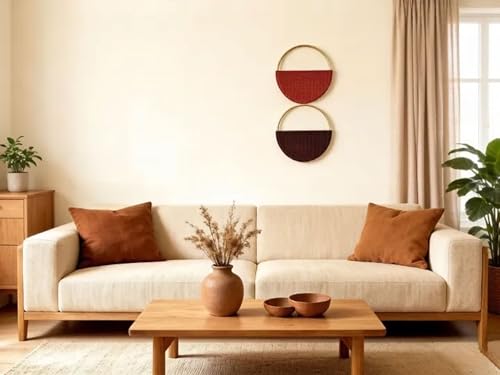 Cilemou 2-Piece 10-inch Round Bamboo Wall Decor with Yarn-Wrapped Half-Circle Design, Rustic Boho Style Wall Hanging for Living Room, Bedroom, Office, and Home Decor - size: 10in(Red,Brown)