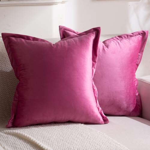 FUTEI Hot Pink Throw Pillow Covers 18x18 Set of 2, Decorative Soft Velvet Cozy Neutral Cushion Case with Elegant Design, Boho Modern Home Decor for Couch Bed Living Room - color: Hot Pink-no Tassels, size: 18" x 18" (Pack of 2)