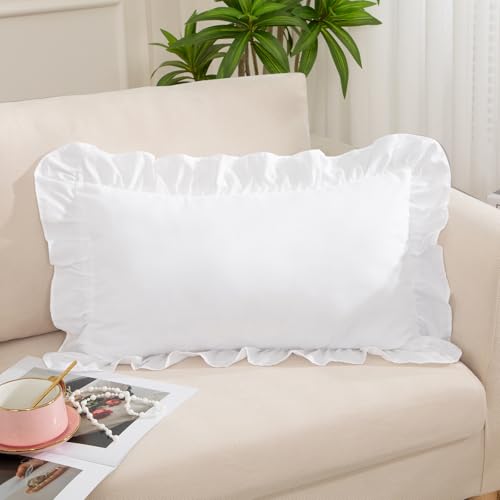 White Ruffle Lumbar Pillow Cover 12x20 Inch, Ruffled Cushion Case Covers for Couch Sofa Bed Living Room, Decorative Farmhouse Throw Pillow Cover, Pack of 1 - color: White, size: 20" x 12" (Pack of 1)