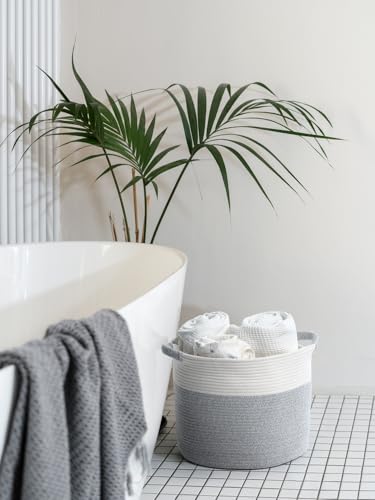 Blanket Basket (16" Dx14 H) - Round Woven Rope Storage for Living Room Throws, Pillows & Laundry- White/Mixed Gray - color: White/Mixed Gray, size: 16" X 16" X 14"