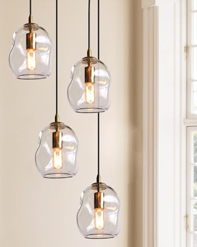 CASAMOTION Pendant Lights Kitchen Island 2 Pack Modern Contemporary Clear Glass Organic Globe Brass Gold Hanging Light Adjustable Cord Bedroom Dining Table Small Medium Lamp 8 Inch - color: Clear+Gold 8"H-2 Pack