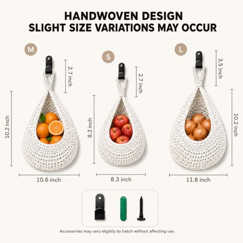 Boho Decor Hanging Fruit Baskets for Kitchen, 3 Pack Handwoven Teardrop Wall Hanging Baskets with Hooks, Storage for Fruits, Onions, Vegetables & Potatoes, 3 Sizes for Home, White - color: White