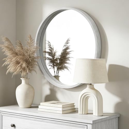 WallBeyond 28 Inch Round Wood Mirror, Large Circle Wooden Frame Wall Mirror for Bathroom, Living Room, Bedroom, Entryway (White) - color: White, size: 28"L x 28"W