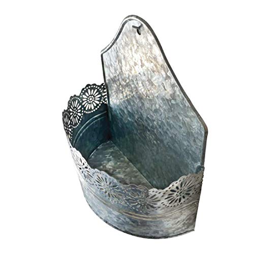 Lily's Home Indoor Outdoor Wall Mounted Planter with Floral Accents for Succulents, Cacti, Herbs, Faux Plants, Galvanized Metal. Plants Not Included