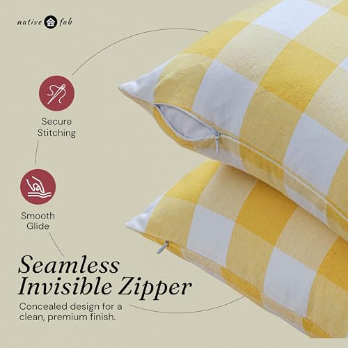 Native Fab Premium Throw Pillow Covers 2 Pack, 16x16 Inches, 100% Cotton, Vibrant Buffalo Plaid, Summer Check Cushion Cases, Bright Farmhouse Accent for Living Room, Outdoor, Lemon Yellow & White - color: Buffalo Lemon Yellow, size: 16" x 16" (Pack of 2)