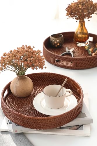HITOMEN 11.8" Hand-Woven Round Rattan Serving Tray Decorative Wicker Trays with Handles for Coffee Table (Brown-M) - color: Brown, size: Medium (11.8 inches)