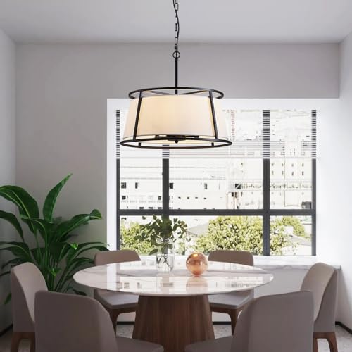 Shrine Lighting Drum Chandeliers, Modern Style, Perfect Pendant Light Fixture for Dining Room, Living Room, D20'' x H9'', Adjustable Chains 59'', E12*4 Sockets, White Lampshade & Black Finish Frame - color: Black D19.7''