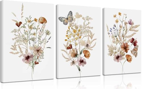 3Psc Watercolor Wildflower Framed Canvas Wall Art Vintage Botanical Flower Wall Decor Modern Minimalist Colorful Botanical Floral Poster Print Artwork for Girls Room Bedroom Office Decoration 16x24 Inch - color: SANLIANYEHUA, size: 24"L x 16"W