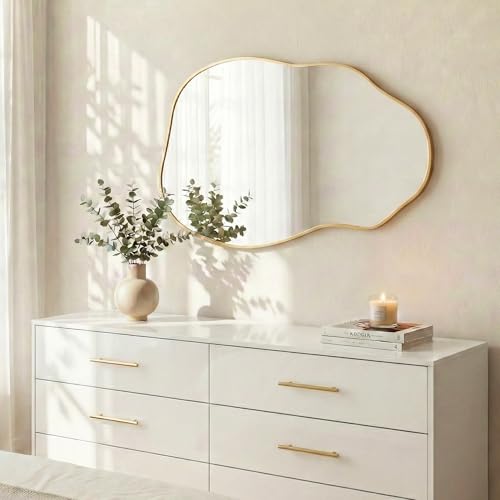 Asymmetrical Wall Mirror 36"x20", Large Irregular Wavy Mirror for Bathroom Vanity, Matte Gold Rust Proof Aluminum Frame, Tempered Glass Horizontal or Vertical Hanging for Living Room Decor - color: Gold, size: 36"L x 20"W