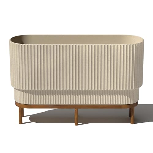 Veradek Demi Series Raised Long Planter for Indoor/Outdoor Use | Made from Plastic & Stone w/Wooden Stand | Modern Patio Décor for Flowers/Shrubs - color: Sand/Brown, size: 30 inch