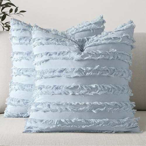 MIULEE Set of 2 Decorative Boho Throw Pillow Covers Linen Striped Jacquard Pattern Summer Cushion Covers for Sofa Couch Living Room Bedroom 16x16 Inch Light Blue - color: Light Blue, size: 16" x 16" (Pack of 2)