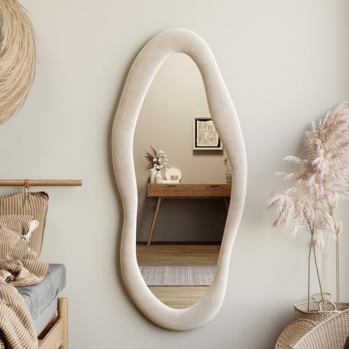 Honyee 55" x 24" Wall Mirror, Flannel Wrapped Wooden Frame Wavy Mirror, Irregular Mirror Hanging for Cloakroom/Bedroom/Living Room, Ivory White - color: Ivory White, size: 55"L x 24"W
