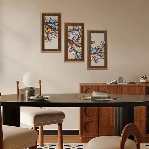 KAIRNE Butterfly Wooden Wall Art,Boho Wall Decor Chic Set of 3(8”X16”),Vintage Tree Animal Hanging Wall Decor,Rustic Farmhouse Wall Sign,Minimalist Natural Posters for Bathroom Living Room Decor,Framed - color: Butterfly Wooden Wall Art, size: 8"L x 16"W